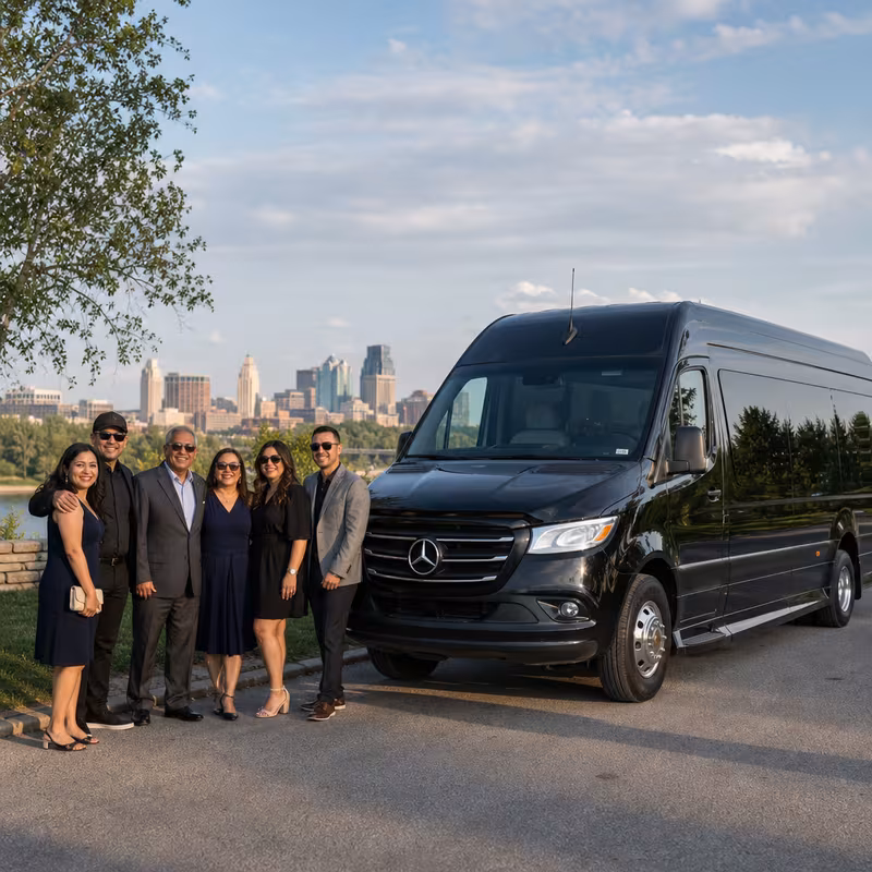 Group beside a Mercedes Sprinter limo from the Kansas City fleet