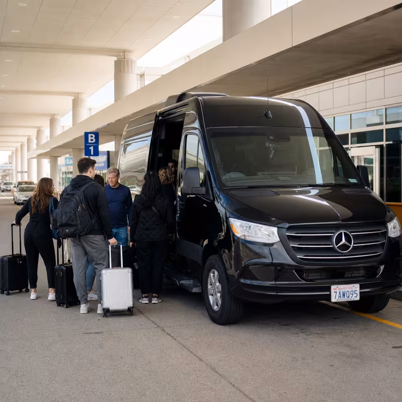 Group boarding a white charter bus for Airport Transportation transportation in Kansas City