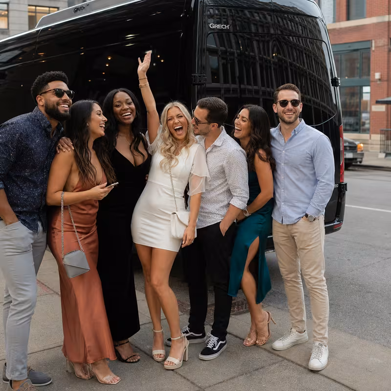 Group boarding a white charter bus for Bachelor & Bachelorette Transportation transportation in Kansas City