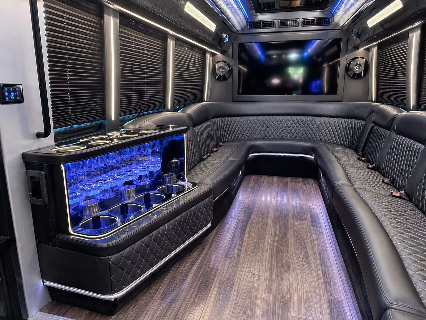 Interior of a party bus rental serving Kansas City