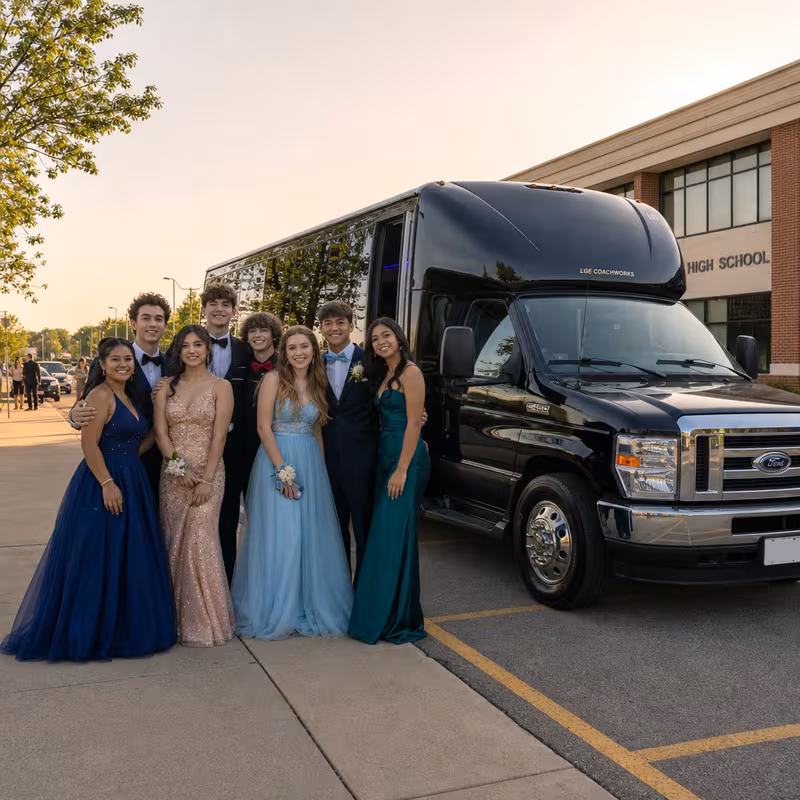 Group boarding a white charter bus for Prom & Homecoming Transportation transportation in Kansas City